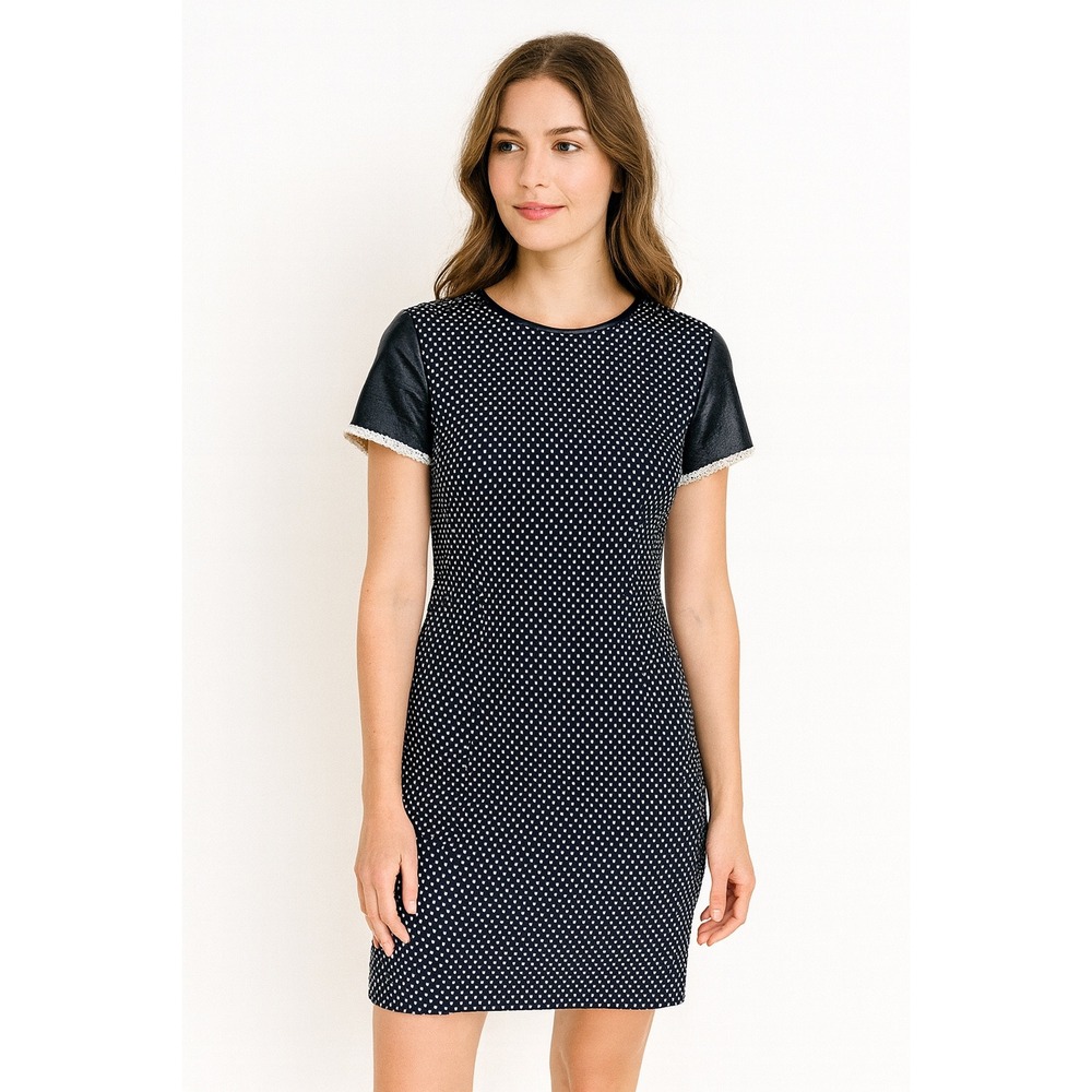 Anthropologie Sachin + Babi Short Sleeve Polka‎ Dot Shift Dress Navy Blue Size 8